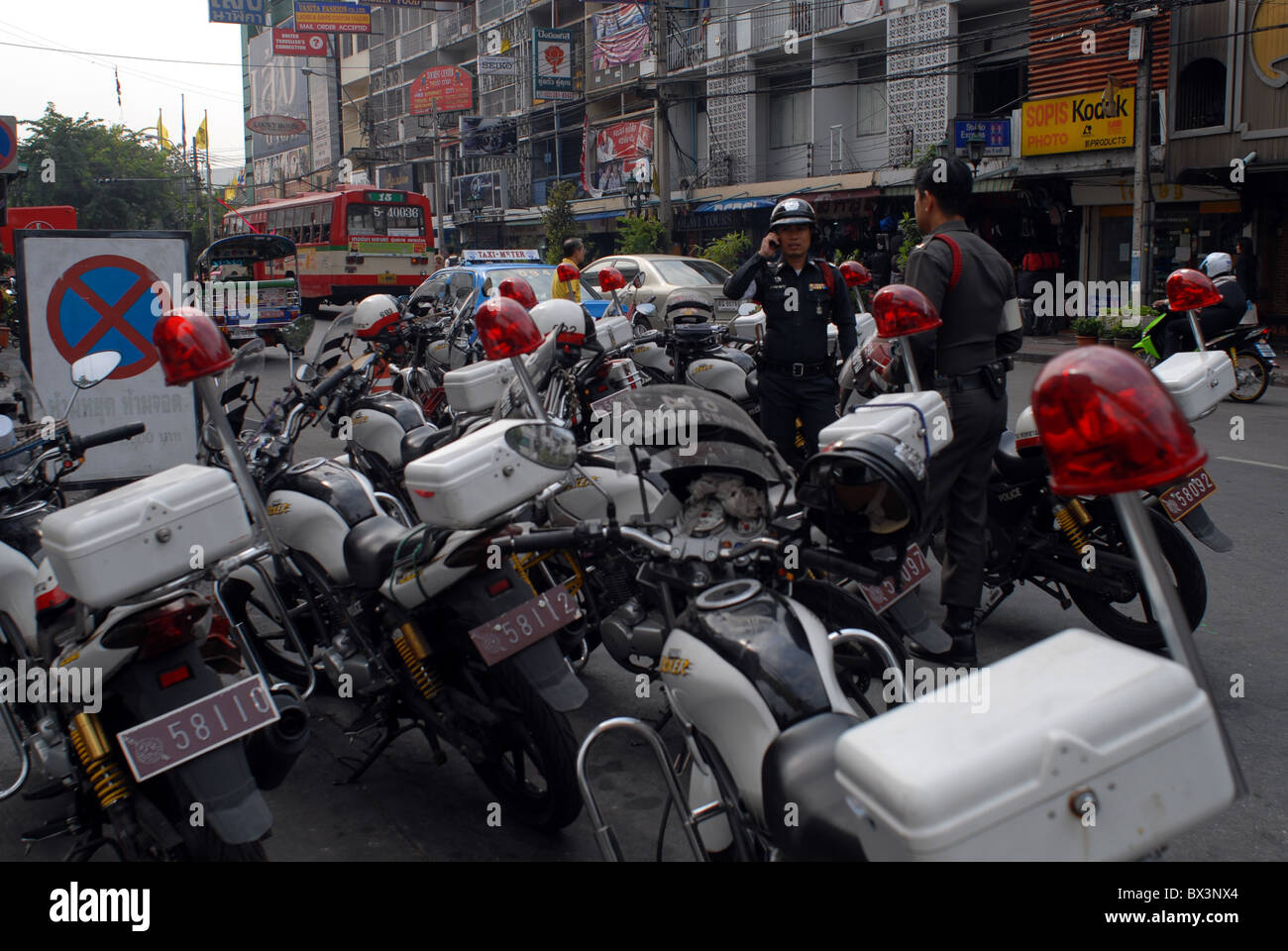 Motorbikes from the Police in Bangkok Khaosarn Stock Photo
