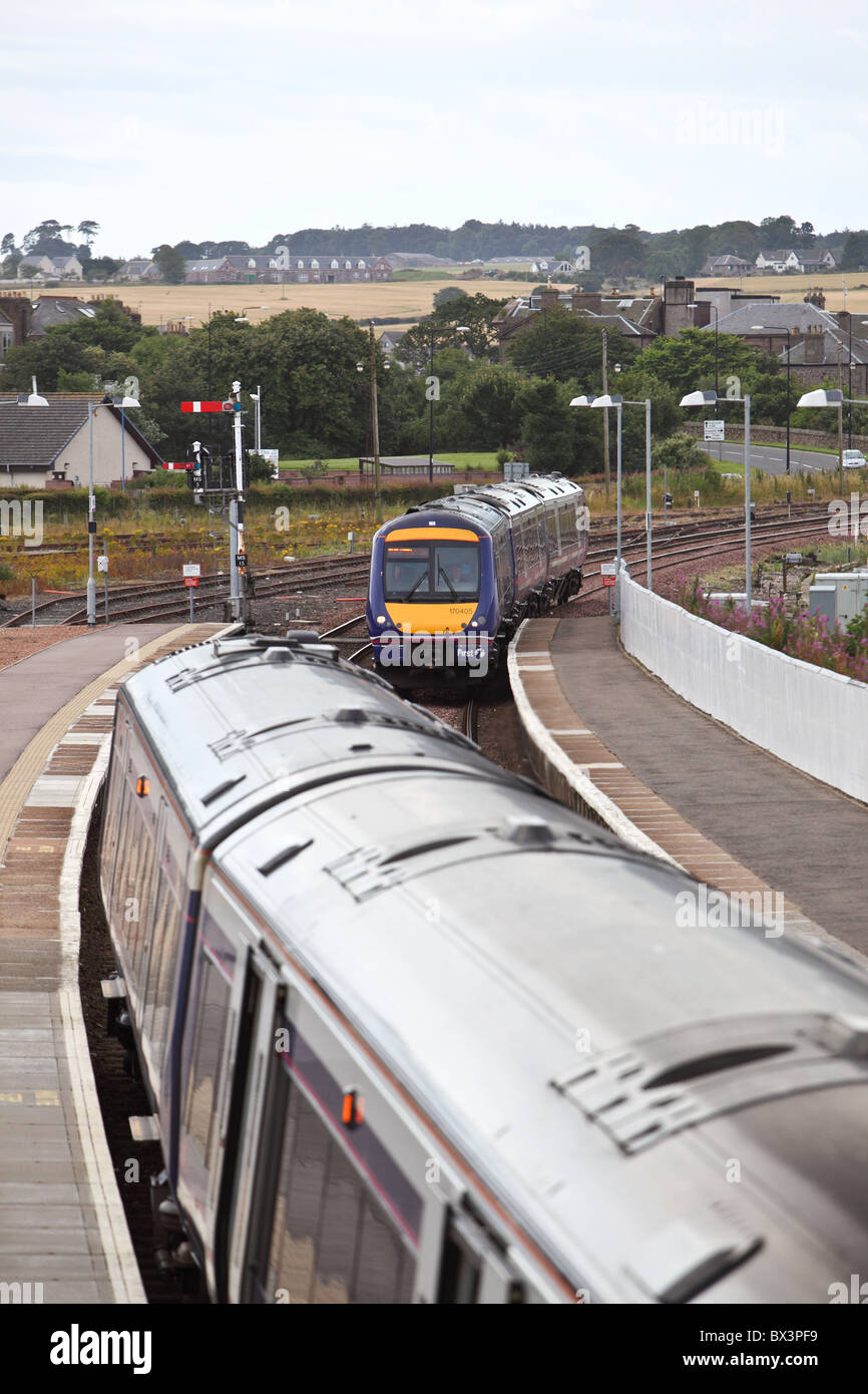 Scotrail 'first' suburban trains passing each other at Montrose railway station Scotland Stock Photo