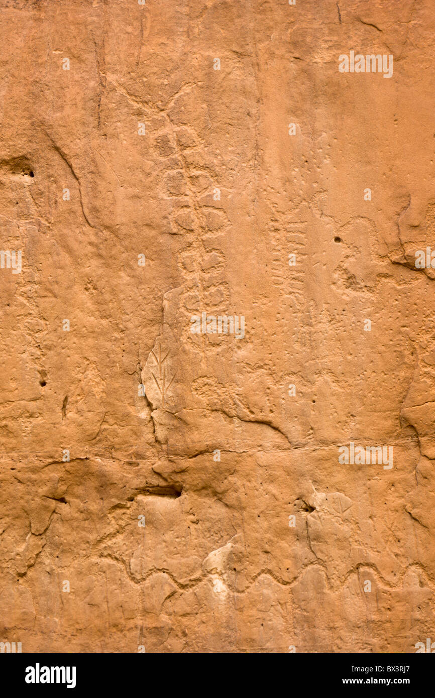 Complex petroglyph along the petroglyph trail at The Chaco Culture National Historic Site in Chaco Canyon, New Mexico. Stock Photo