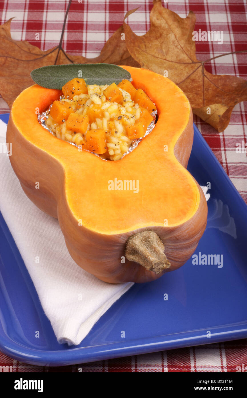 Half pumpkin filled with pumpkin risotto over a blue dish Stock Photo
