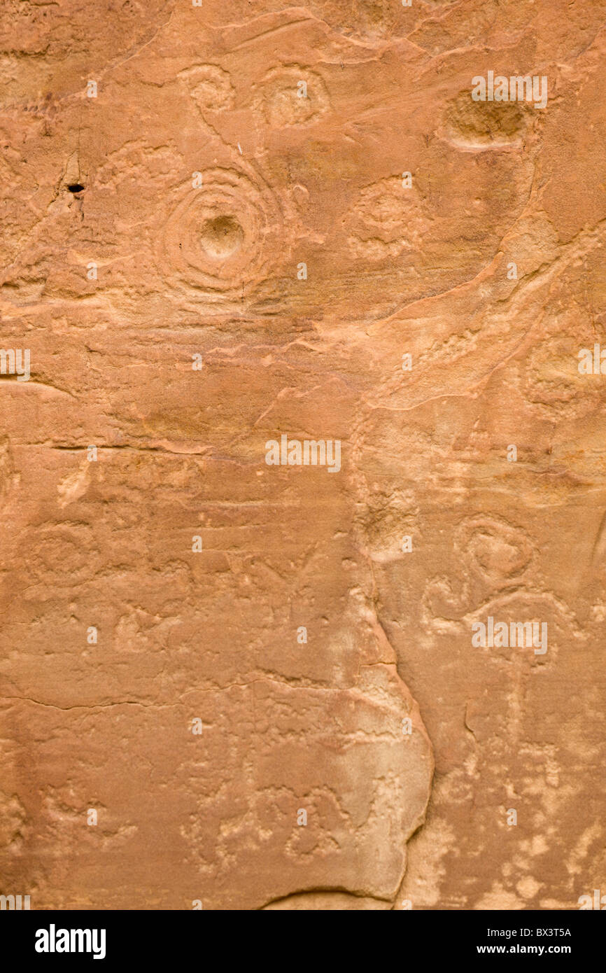 Spiral Petroglyphs along the petroglyph trail at The Chaco Culture National Historic Site in Chaco Canyon, New Mexico. Stock Photo