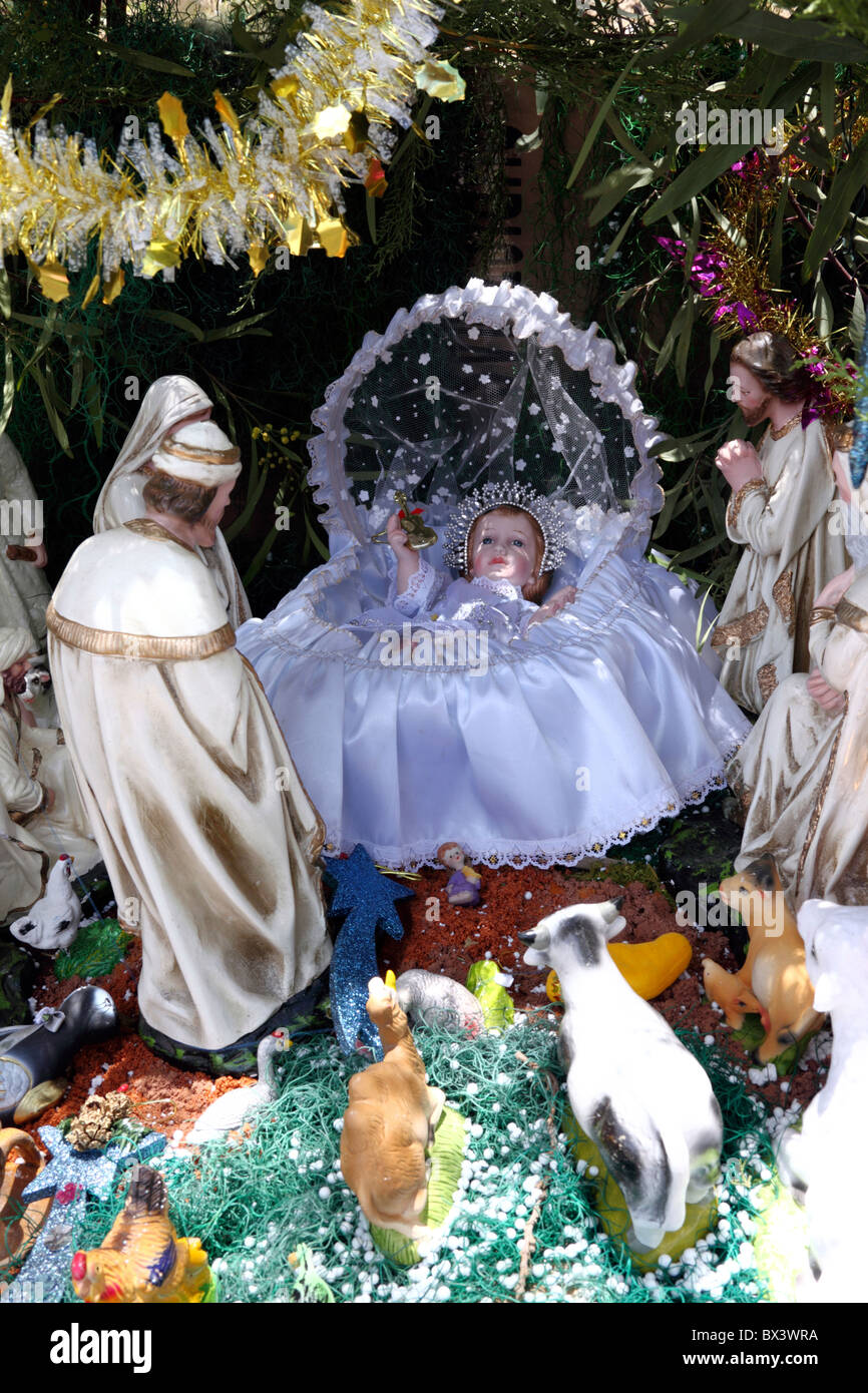 Nativity scene (called nacimiento, pesebre, portal or belen in Spanish) in Christmas market , La Paz , Bolivia Stock Photo