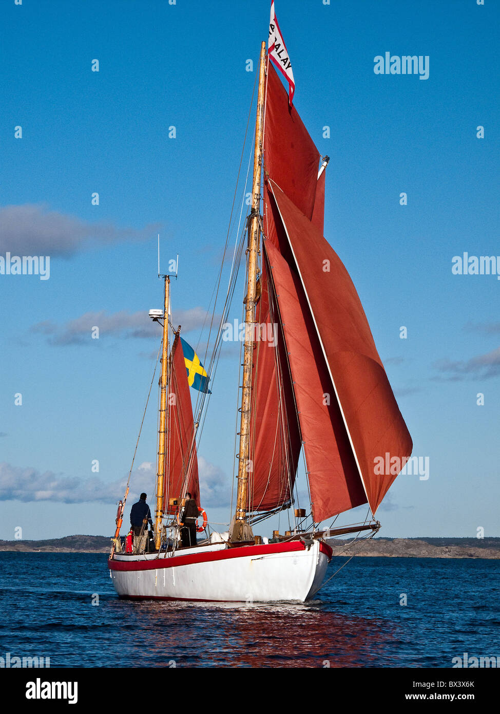 Gaff rig 2 masted ketch under sails. A sailboat Mandaly (home harbor Gothenburg, Sweden) built after Collin Archer design. Stock Photo