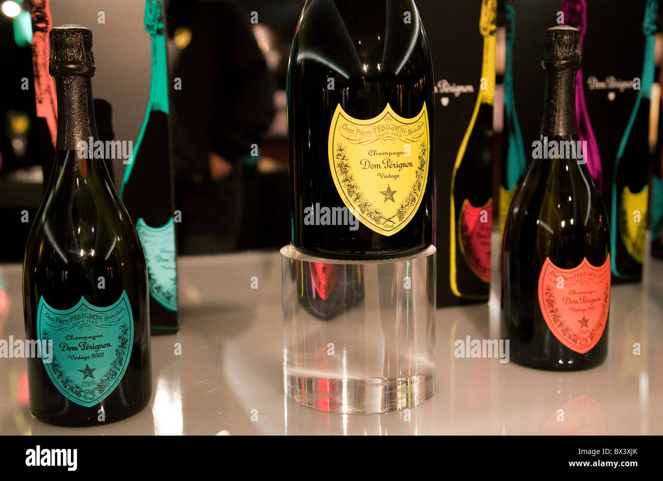 Dom Perignon France; Bottles of Dom Perignon champagne on display, Moet and Chandon Champagne House, Epernay, France Stock Photo