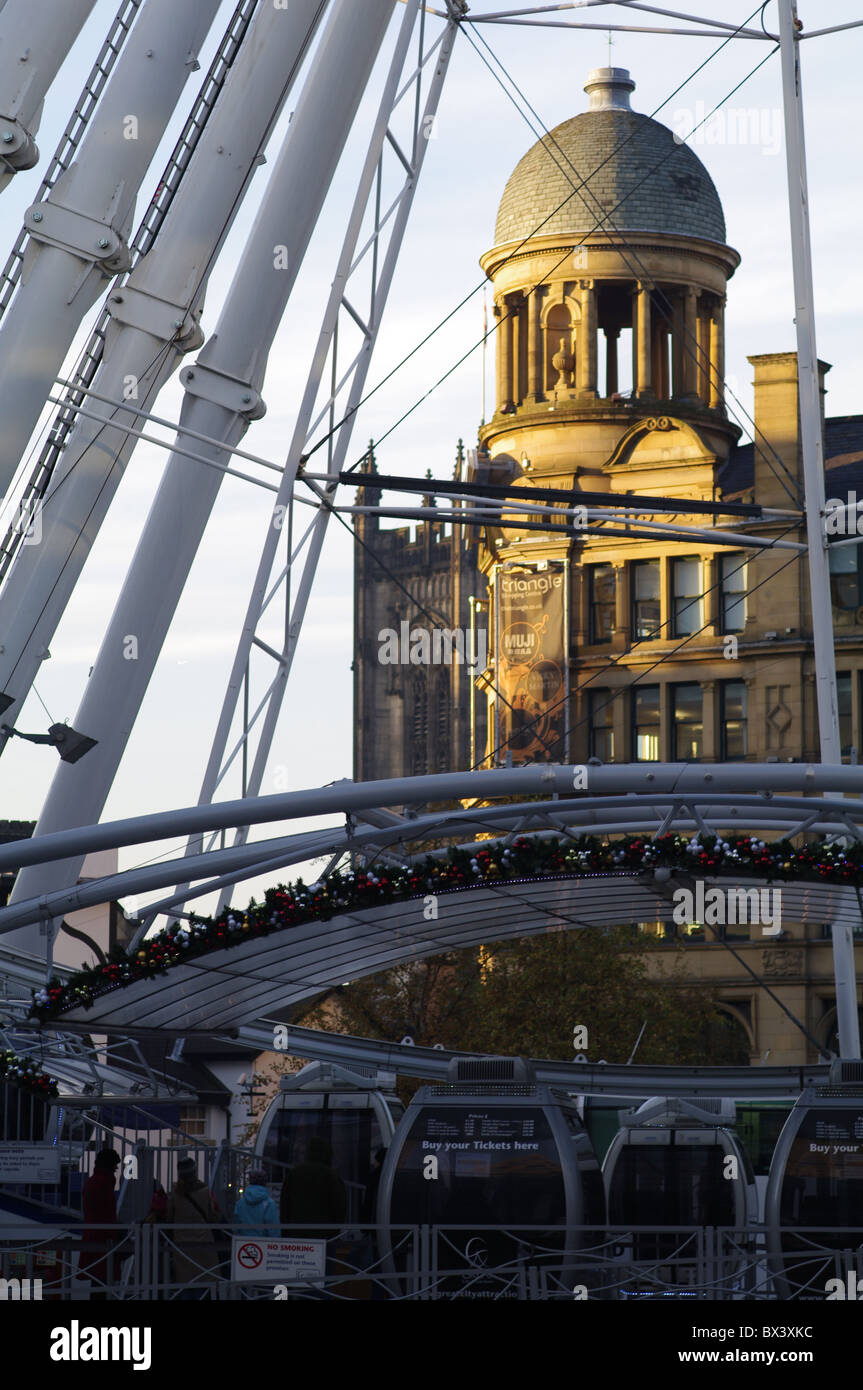 Manchester Wheel, Corn Exchange and Cathedral in winter light Stock Photo