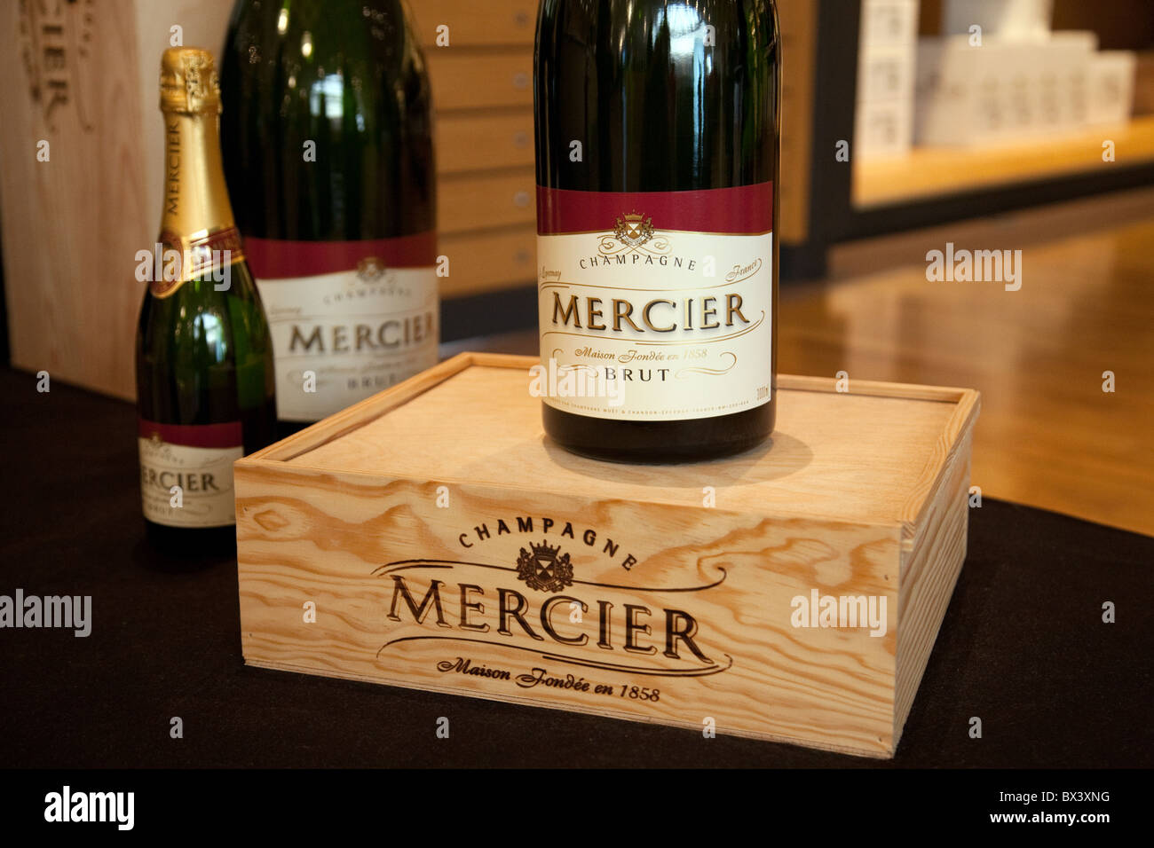 Bottles of Mercier champagne on display, Mercier Champagne House, Avenue de Champagne Epernay, France Stock Photo