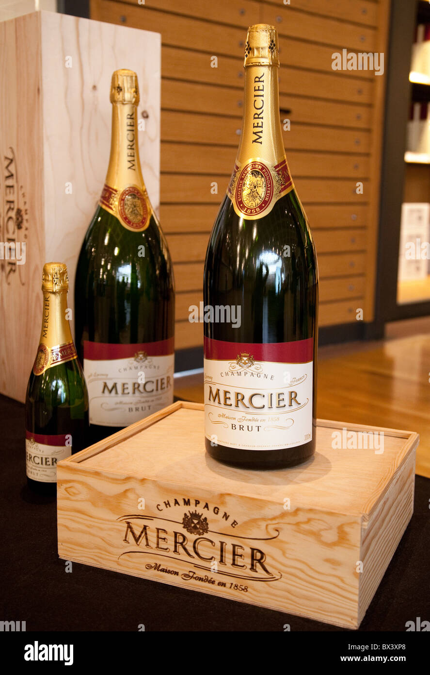 Bottles of Mercier champagne on display, Mercier Champagne House, Avenue de Champagne Epernay, France Stock Photo