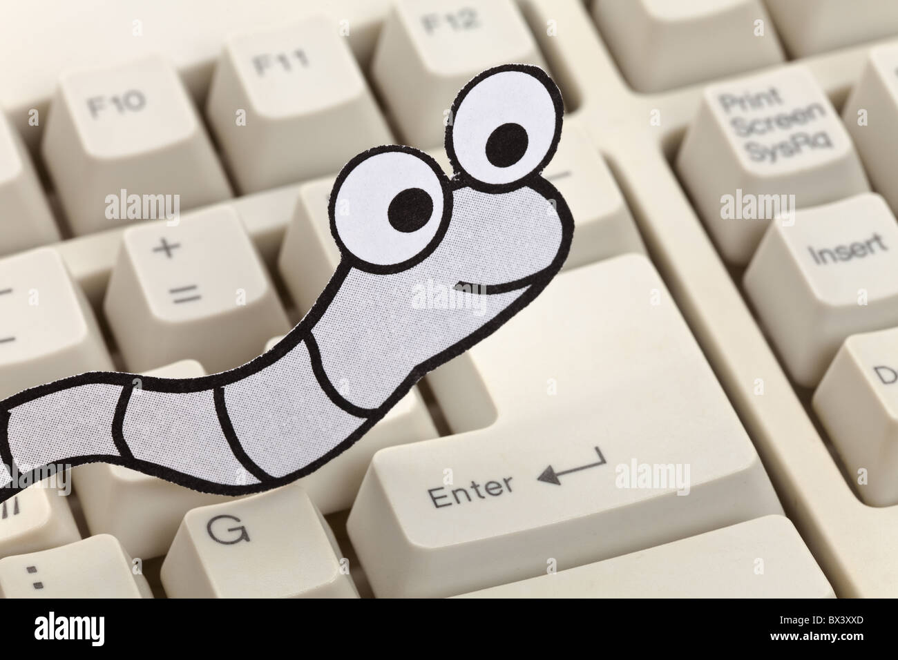 Worm and computer keyboard, concept of Security, Virus Stock Photo