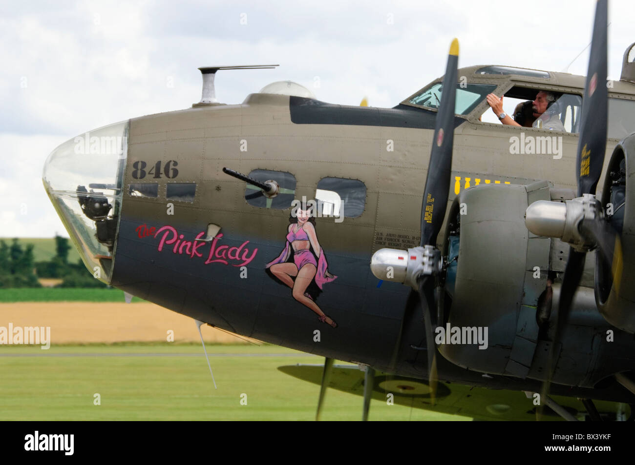 Boeing B-17G Flying Fortress 'The Pink Lady' taxiing after displaying at Duxford Flying Legends Airshow Stock Photo