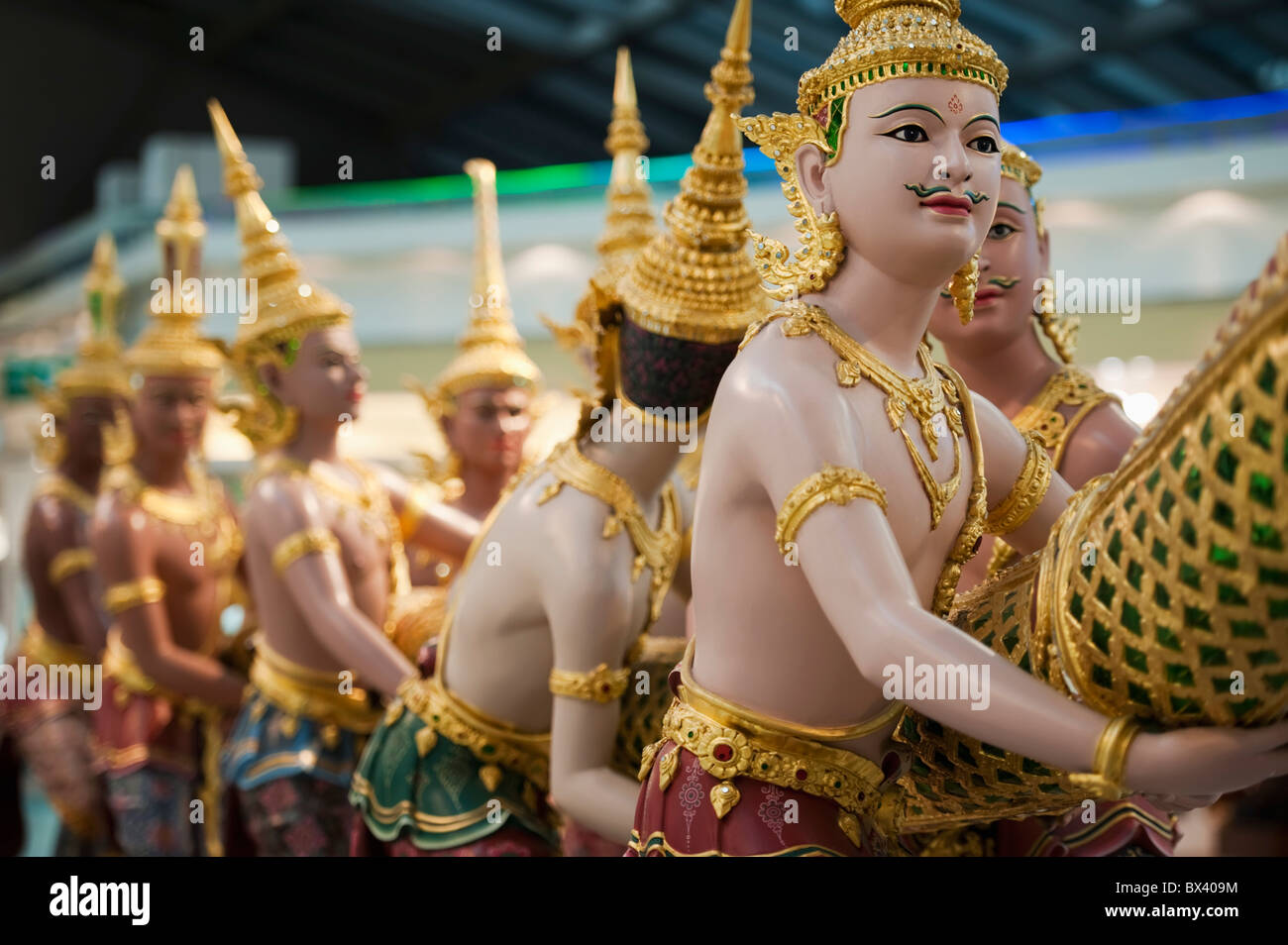 Angel Statues Pull On A Dragon's Tail From Thai Mythology; Chiang Mai, Thailand Stock Photo