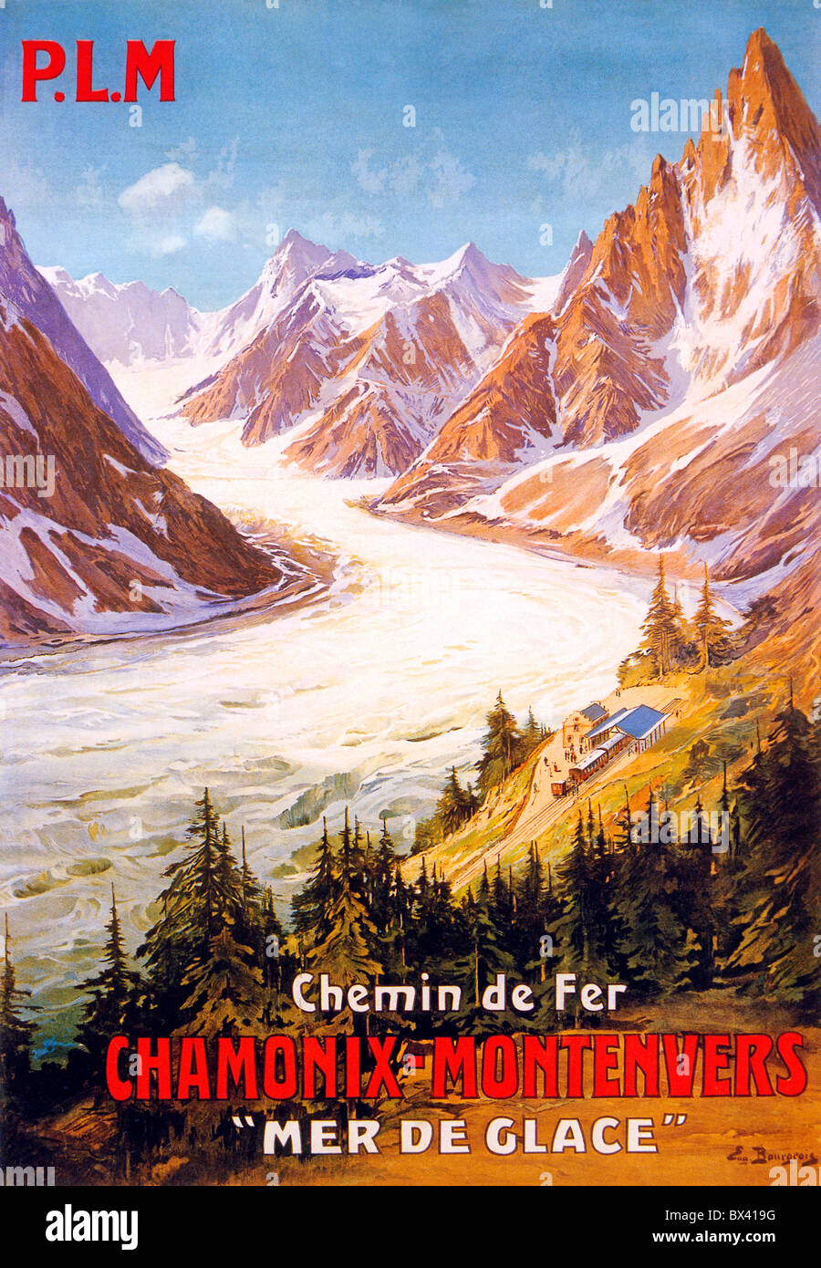 Chamonix Montenvers Railway, 1909 poster for the new railway to the Mer de Glace glacier under Mont Blanc in the French Alps Stock Photo