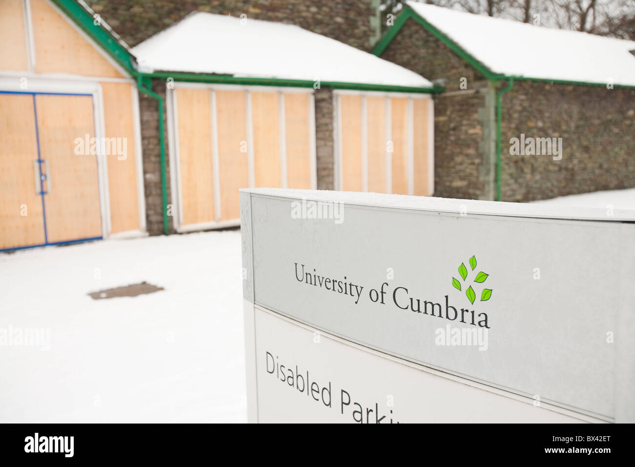 The Kelsick campus of the University of Cumbria boarded up and abandoned due to spending cuts, Ambleside, UK. Stock Photo