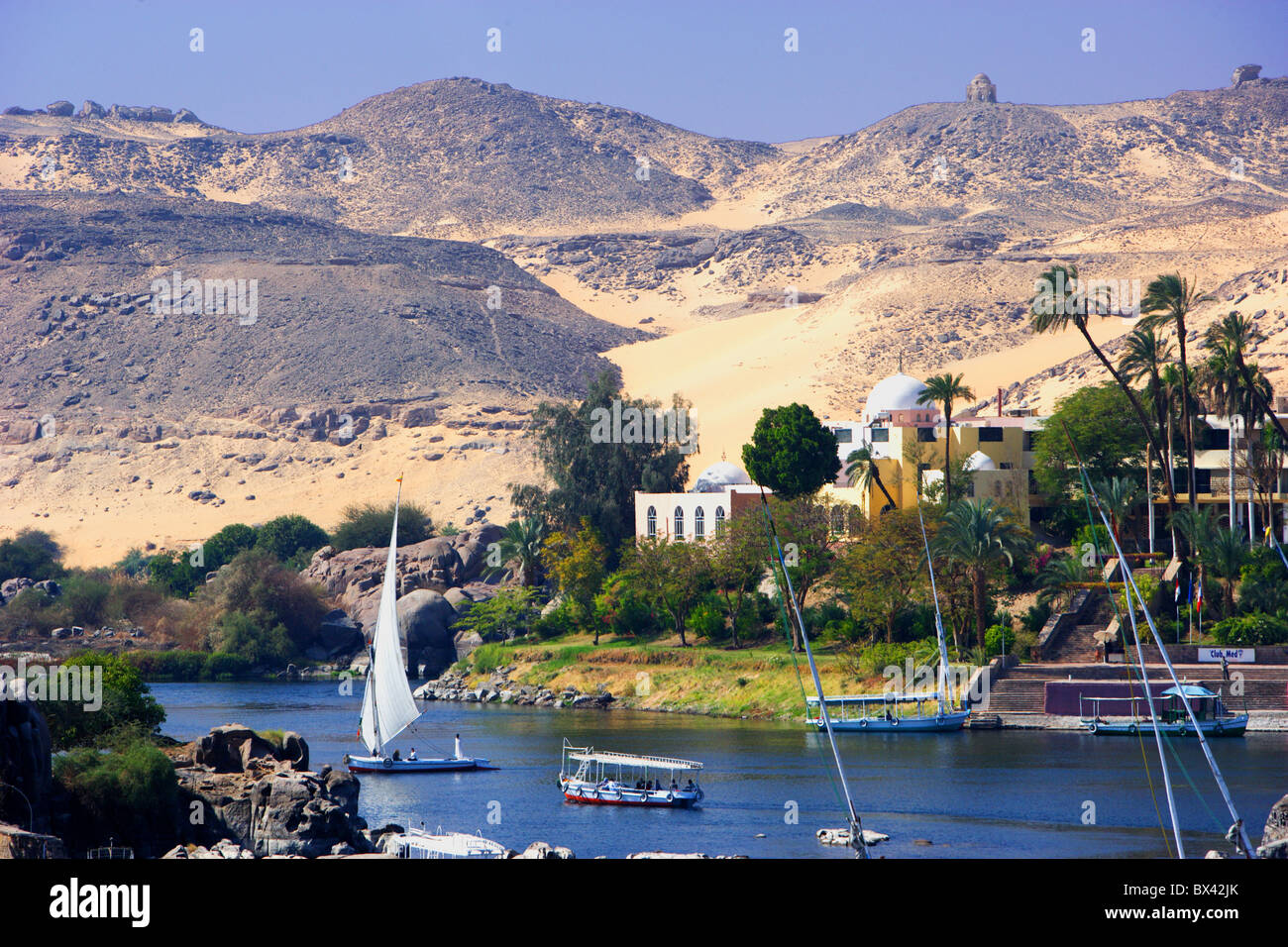 Egypt North Africa Aswan Nile river Felucca boats desert scenery Stock ...