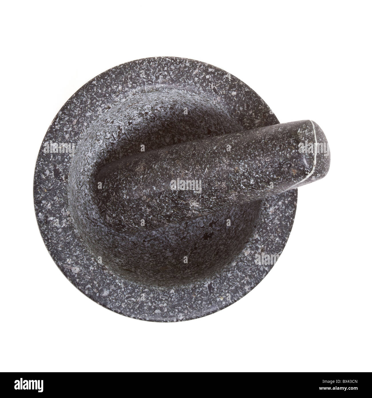 Veined Granite Mortar and Pestle isolated on white background. Stock Photo