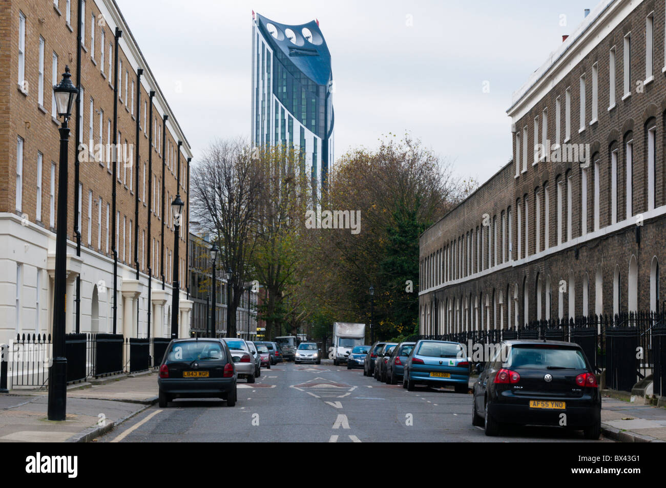 The Strata Tower at Elephant and Castle seen from Falmouth Streeet, Southwark, London Stock Photo
