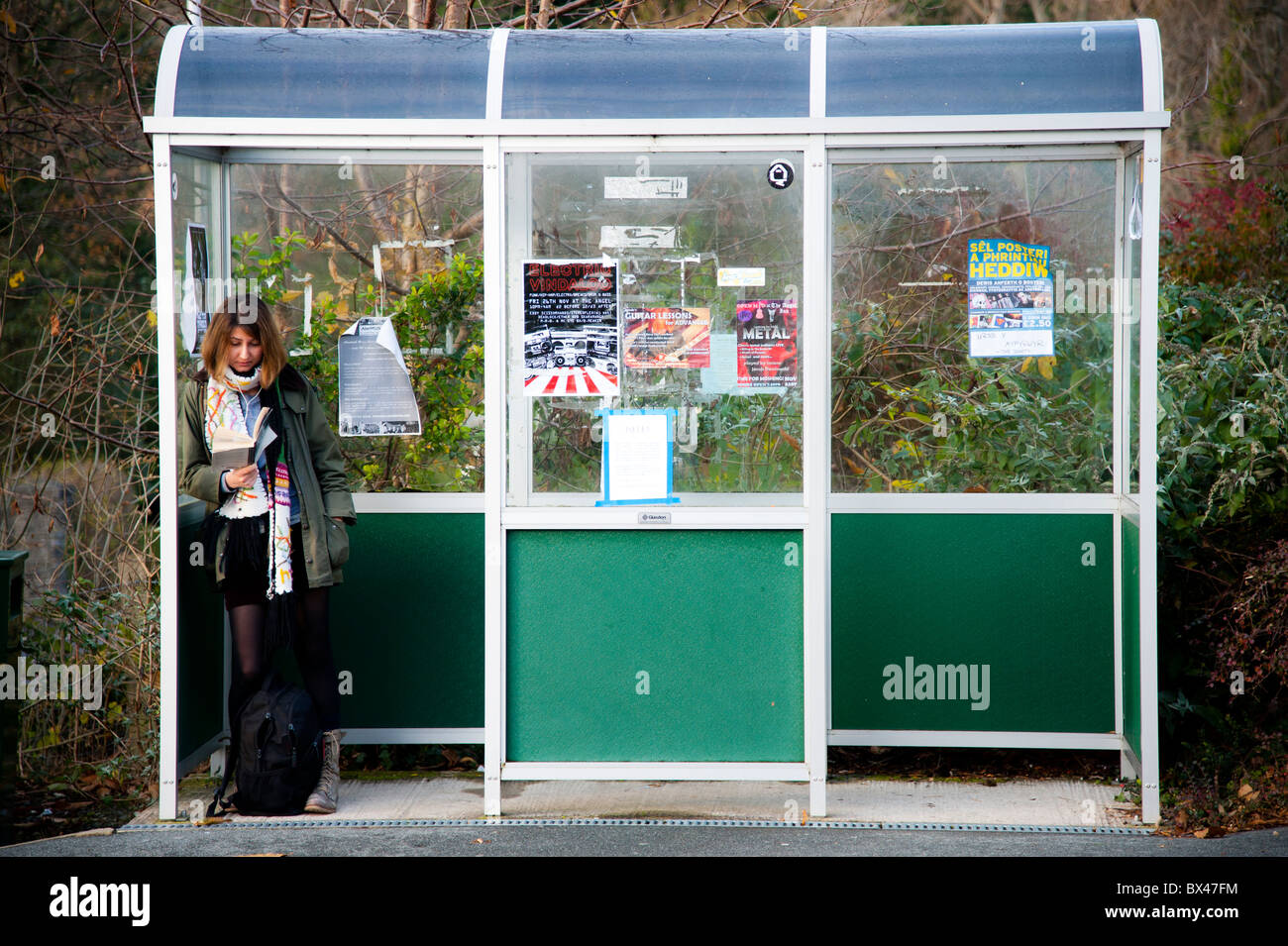 A woman student waiting for bus, reading a book, Aberystwyth Wales UK Stock Photo