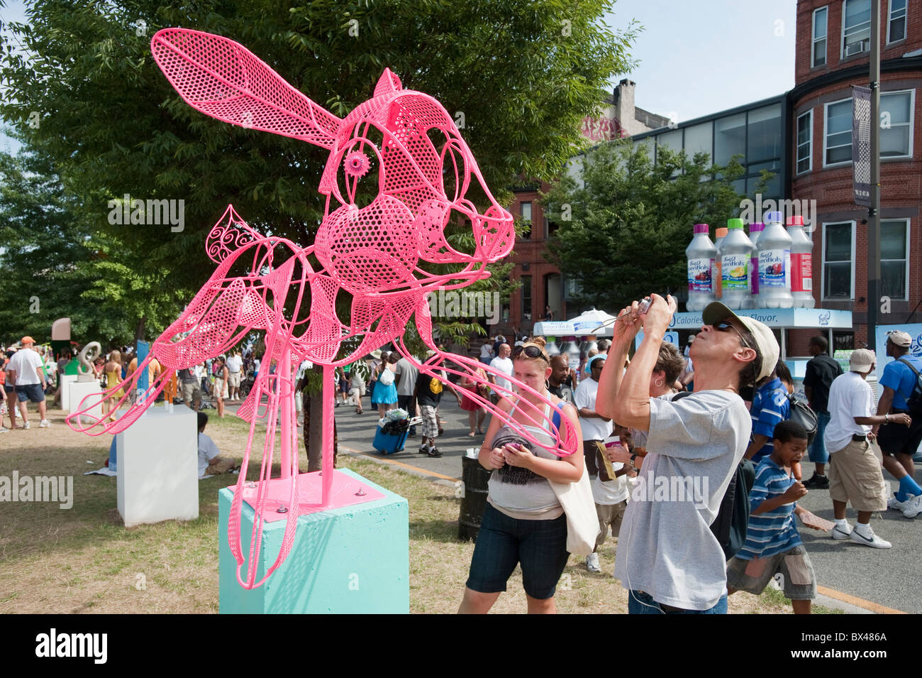 Pink bunny sculpture at Artscape arts festival, Baltimore Maryland Stock Photo
