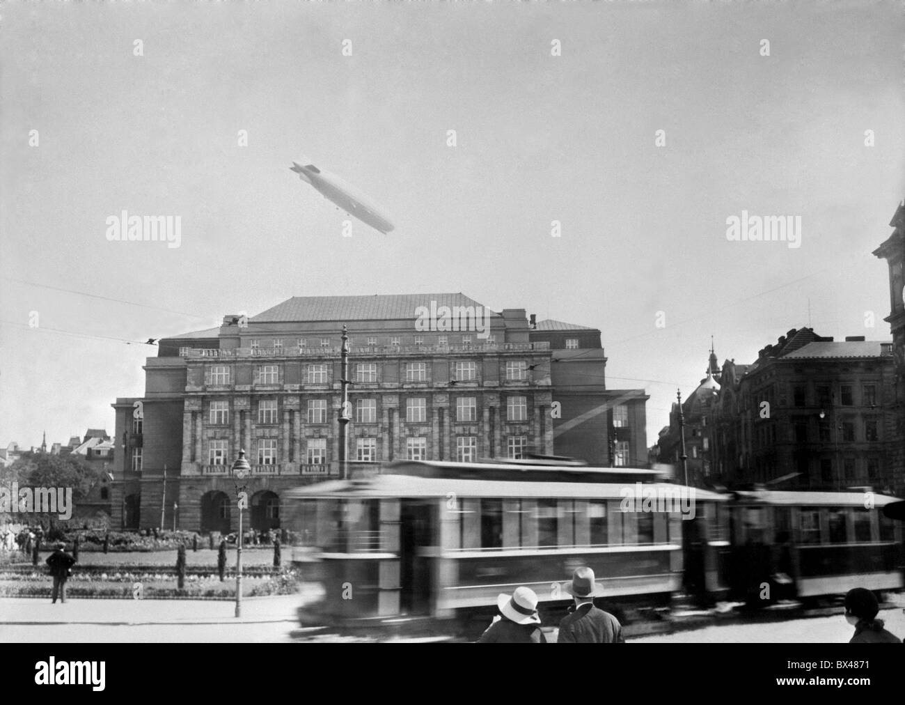 Blimp Zeppelin flies above Prague Stock Photo Alamy