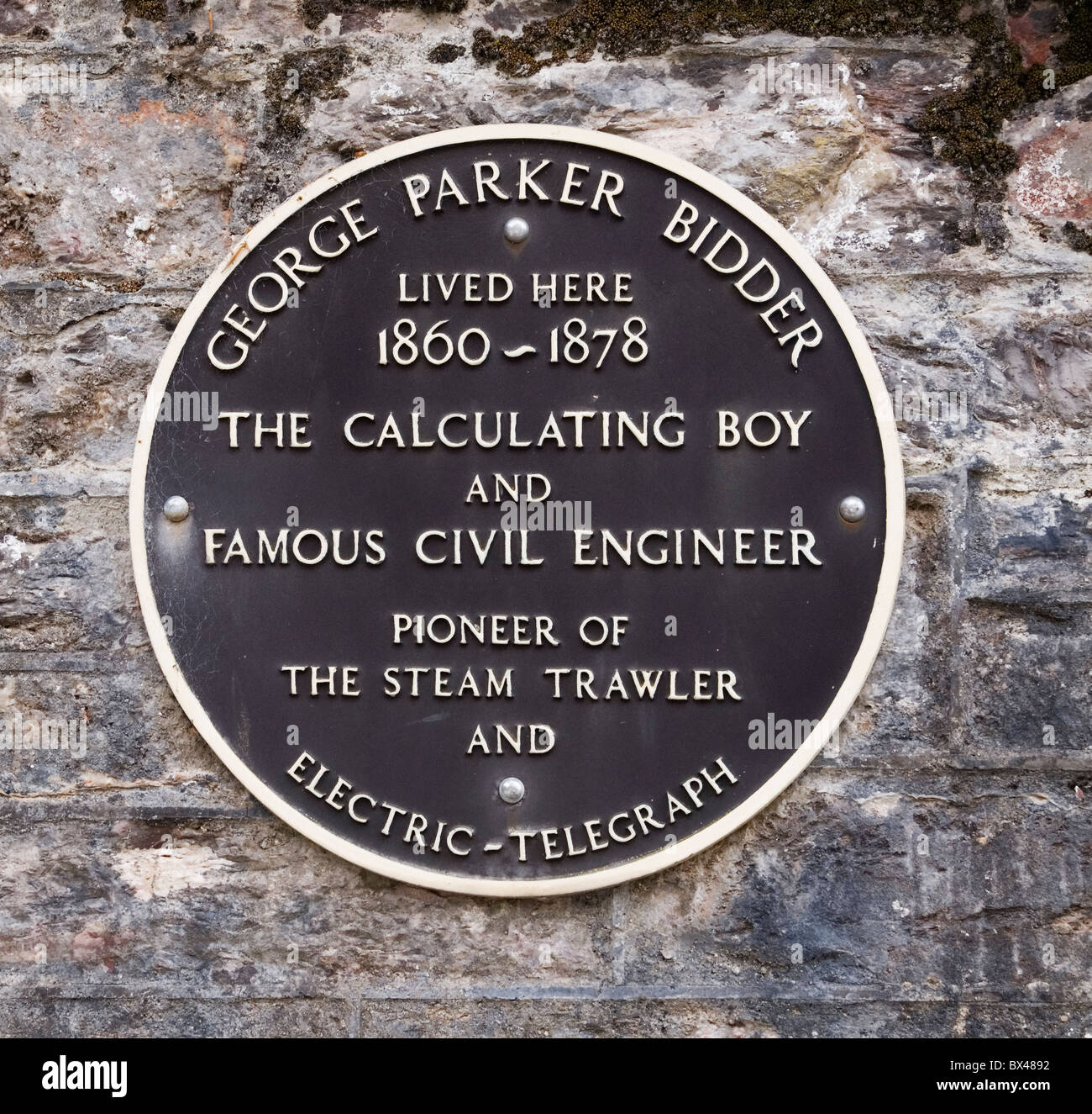Plaque commemorating George Parker Bidder at Dartmouth. Born Moretonhampstead 14 June 1806, died Dartmouth 28 September 1878. Stock Photo