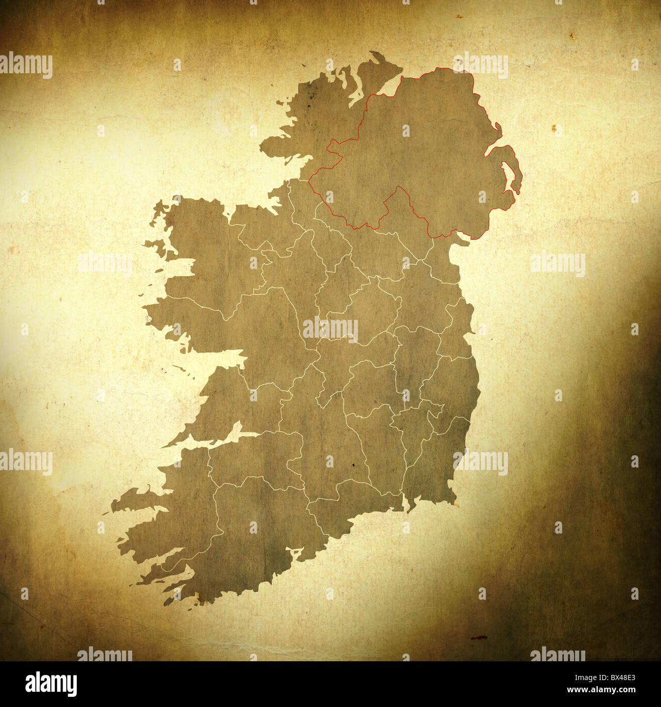 There is a map of Ireland on grunge paper background Stock Photo