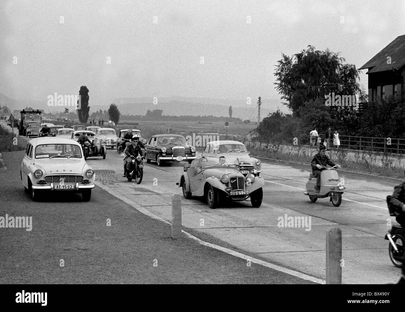 Car traffic at Zbraslav, near Prague, Czechoslovakia 1963. (CTK Photo / Oldrich Picha) Stock Photo
