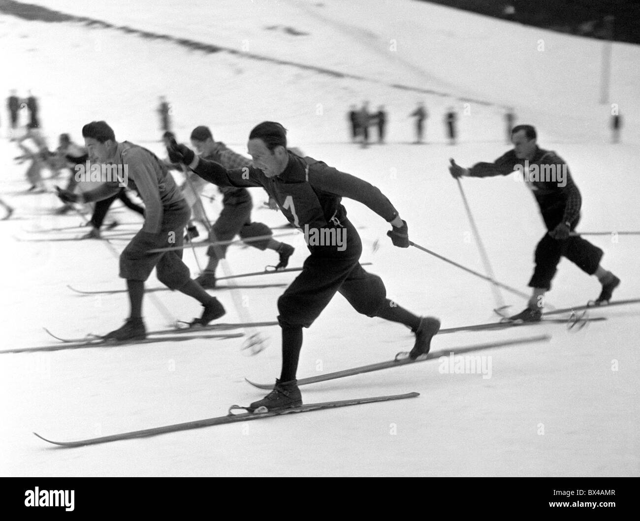Spindleruv Mlyn, 1949.  Cross country skiers compete in 4 x 10 kilometer relay race. CTK Vintage Photo Stock Photo
