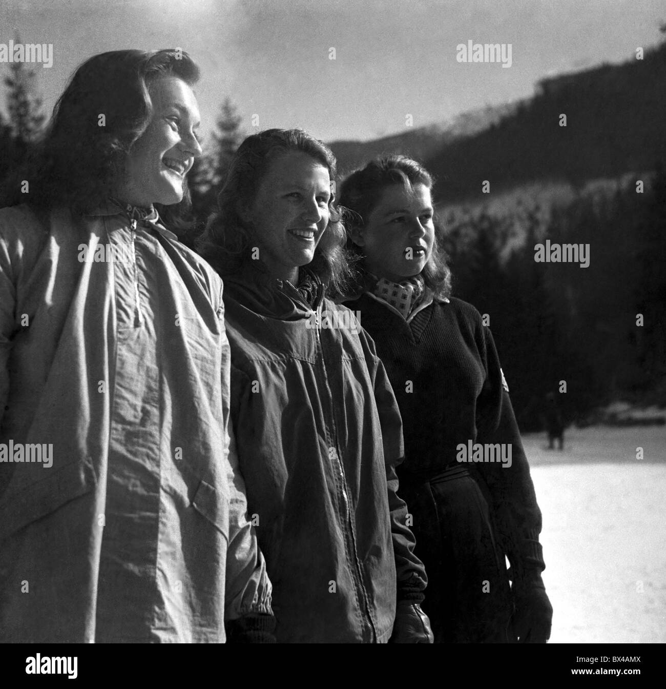 Spindleruv Mlyn, 1949. Slalom winners from left : Jirina Tvrzska, Malu Wagnerova and Bozena Moserova. CTK Vintage Photo Stock Photo