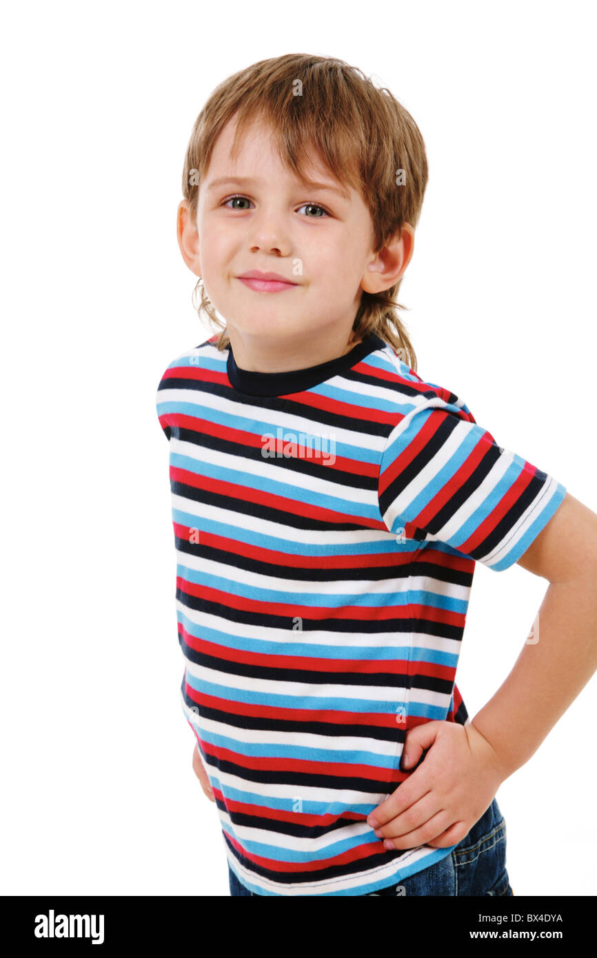 Portrait of smiling boy looking at camera on a white background Stock ...