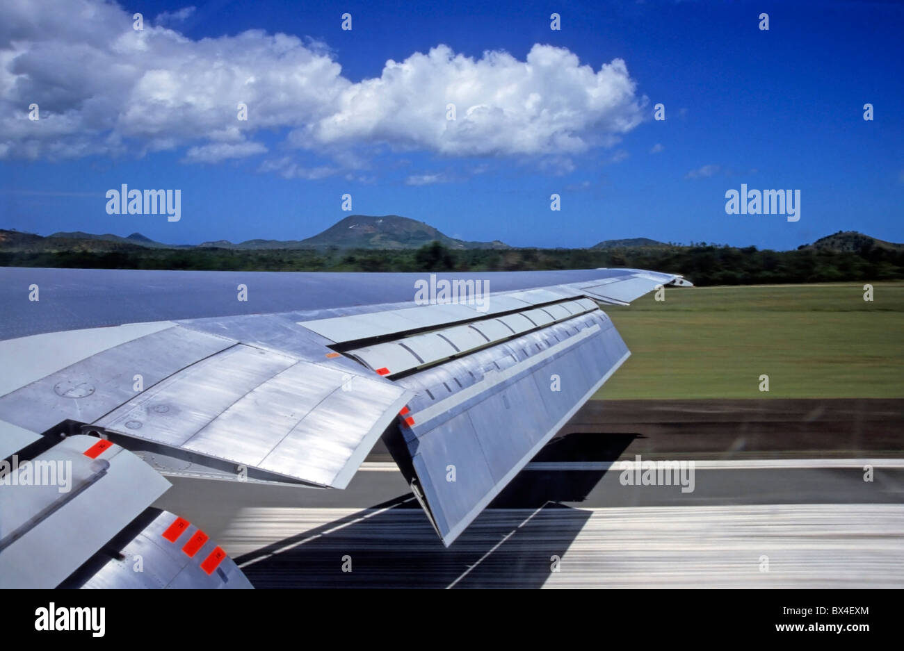Airplane taking off from La Tontouta International Airport, Nouméa, New Caledonia. Stock Photo