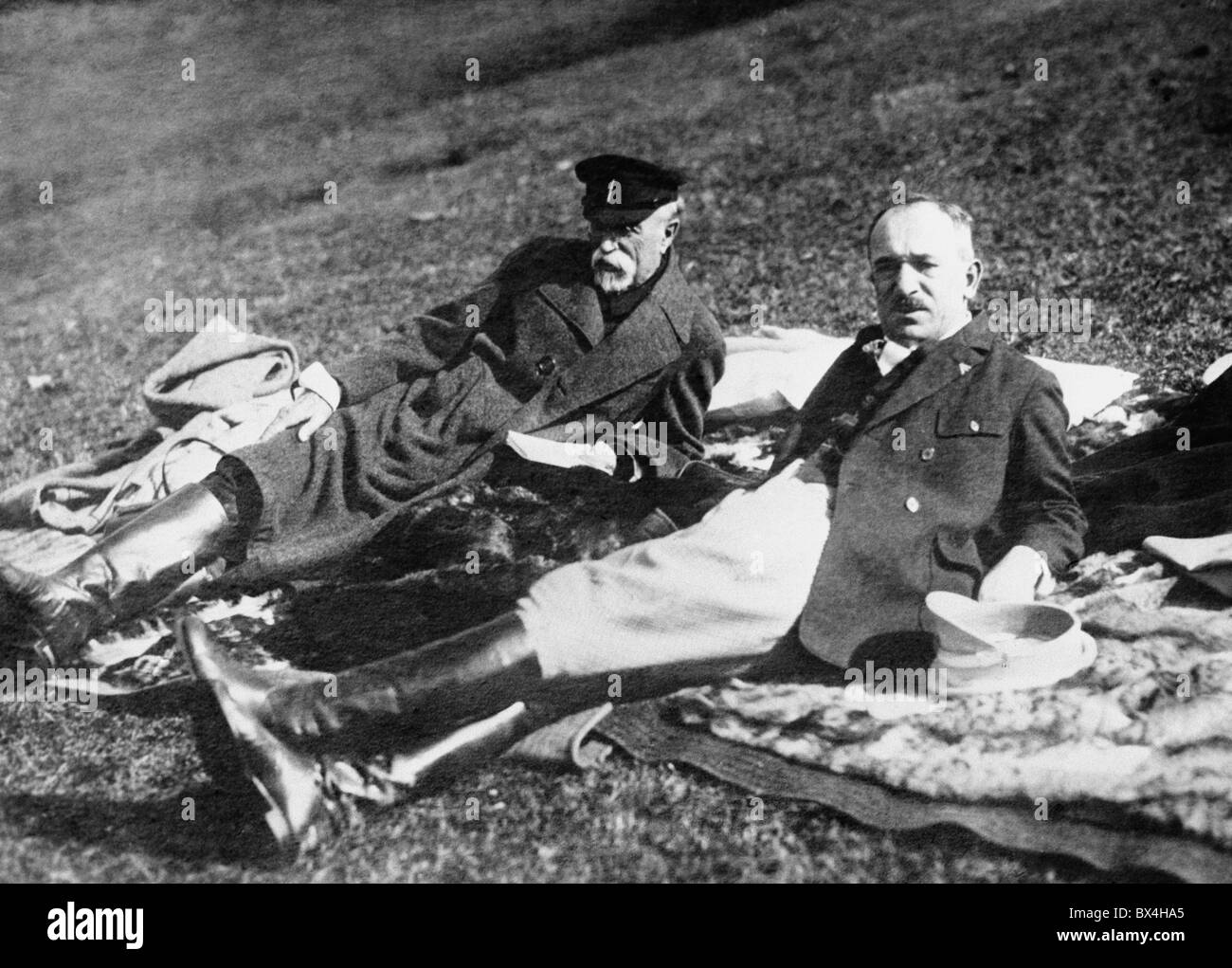 President Masaryk with Edvard Benes resting on grass in Topolcianky ...