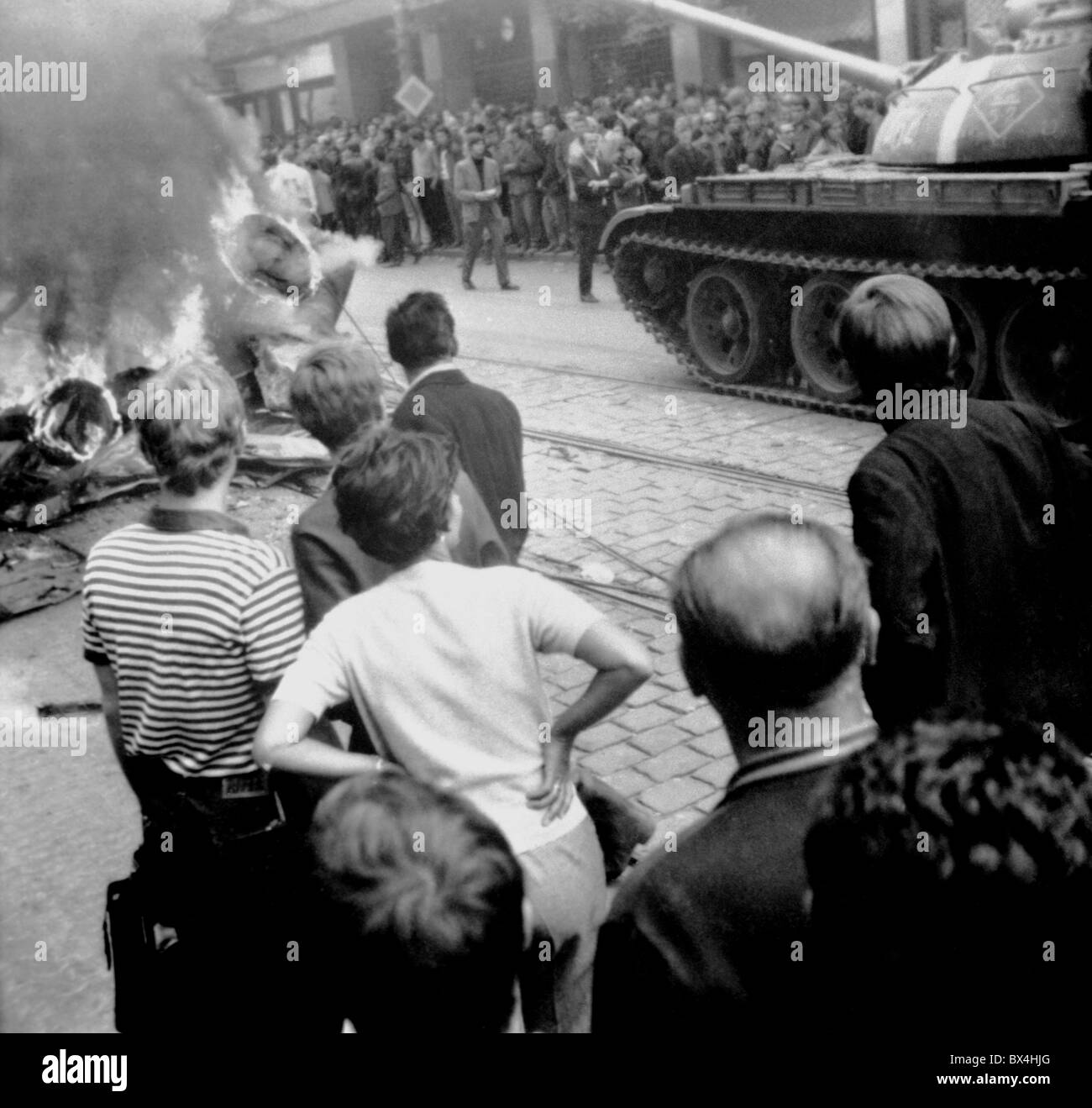 tank, protest, barricade,Czechoslovak Radio, Prague Stock Photo