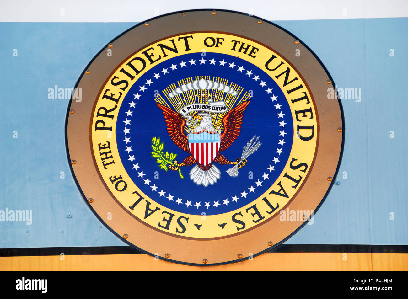 Presidential Seal on Air Force One by Presidents Kennedy and Johnson. It is at Pima Air and Space Museum, Tucson, Arizona Stock Photo