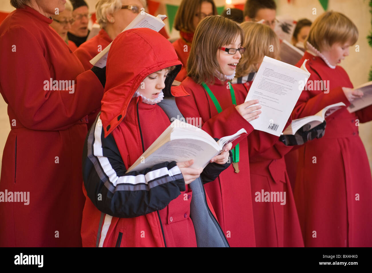 Church choristers singing carols at the Abergavenny Food Festival Christmas Food and Drink Fair