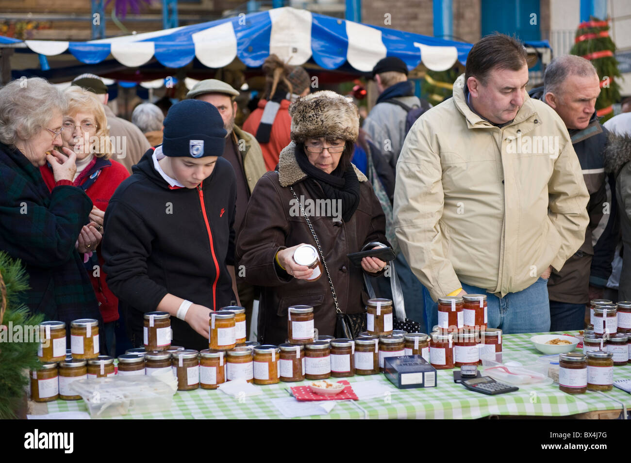Customers sampling chutney on stall at Abergavenny Food Festival