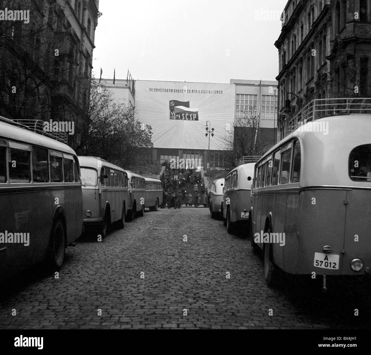 Prague - Czechoslovakia, 1950.  Buses bring hundreds of delegates to Czechoslovak Soviet Friendship rally. CTK Vintage Photo Stock Photo