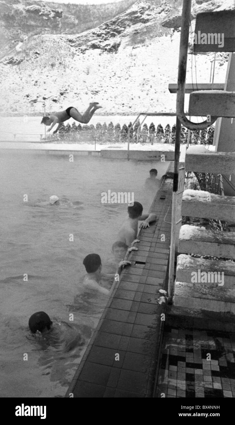 Prague, Czechoslovakia, 1968, young men braving cold temeratures swim