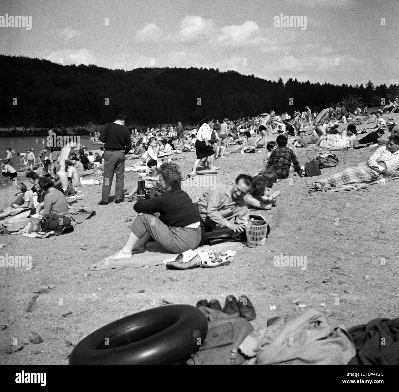 Prague, people sunbathing, Socialist propaganda Stock Photo