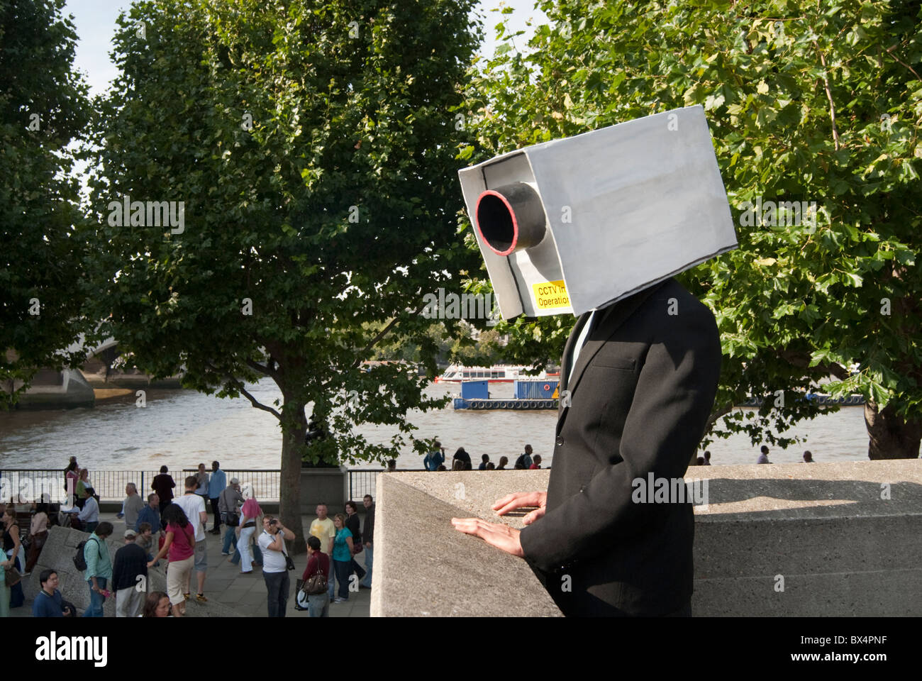 Actor playing the part of a CCTV camera in the South Bank center London during the Thames festival. Stock Photo