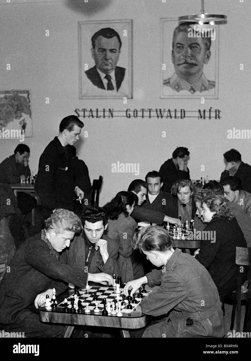volunteers, chess, iron works, construction, decoration, Gottwald, Stalin Stock Photo