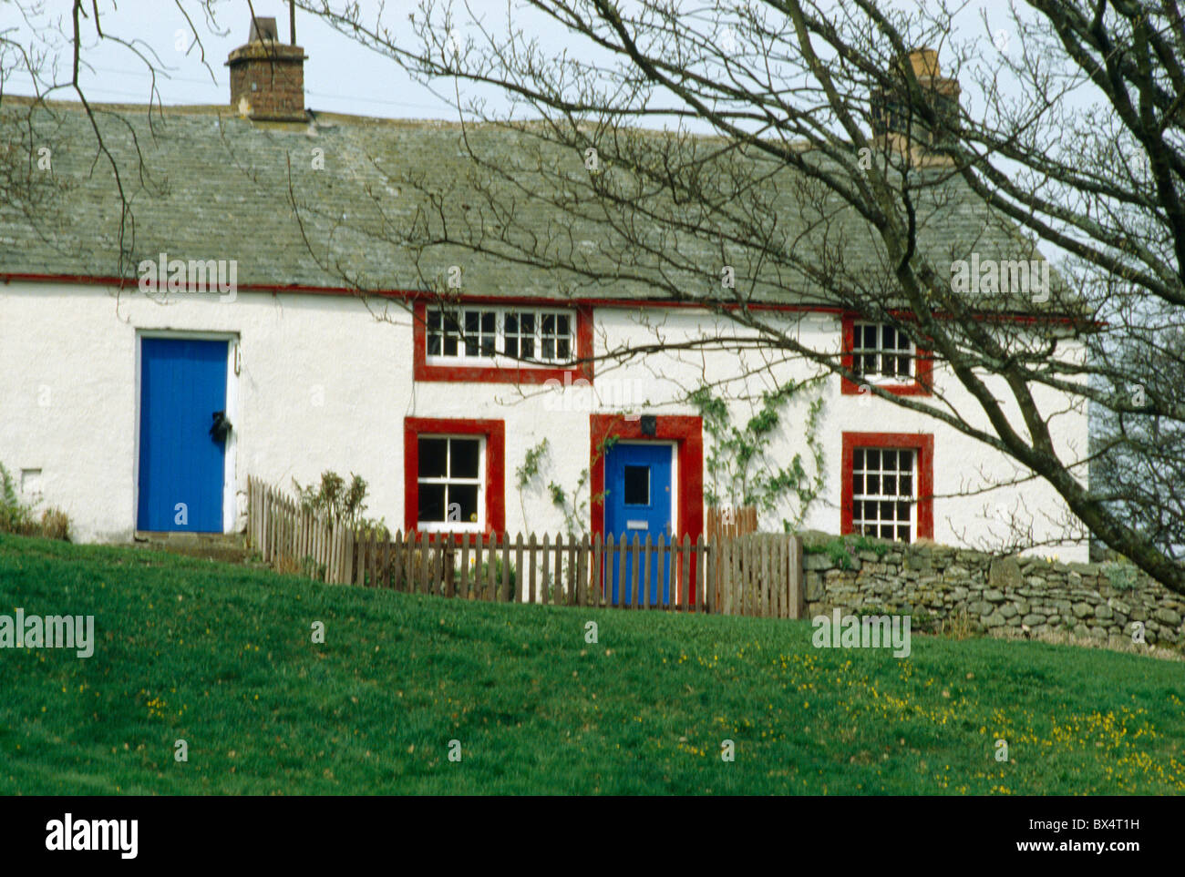Traditional Cream Country Cottage With Blue Doors And Red Painted