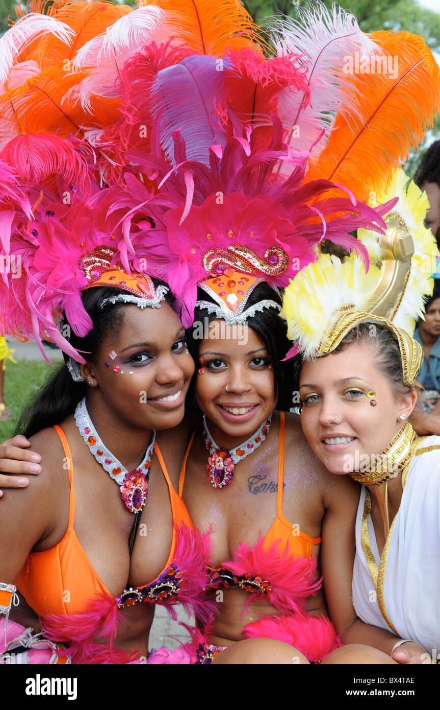 Three beautiful young Toronto Caribana Princesses fresh from the glow of the 2010 parade. Stock Photo