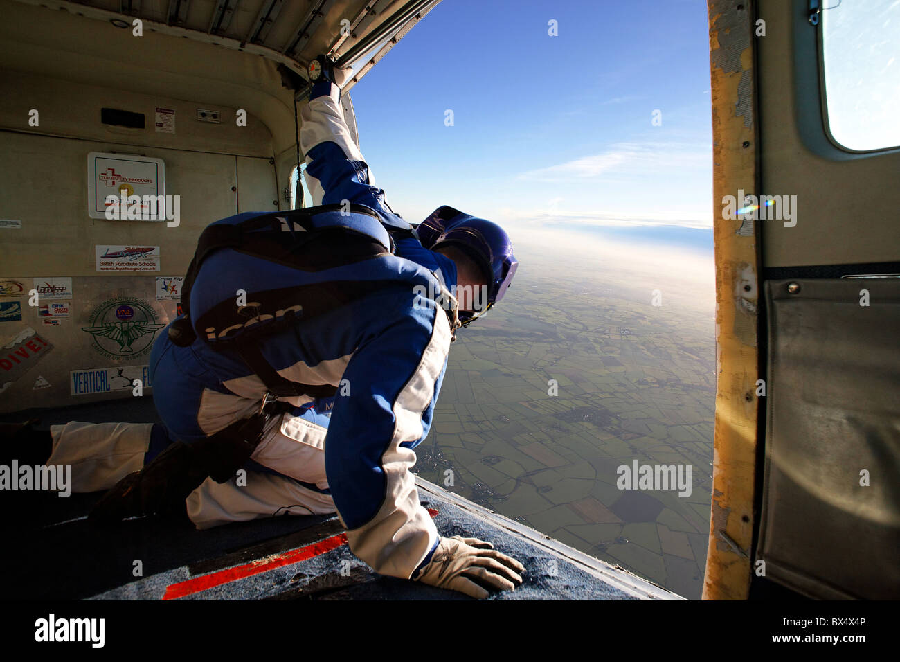 Skydiver looking out of the Aircraft Stock Photo