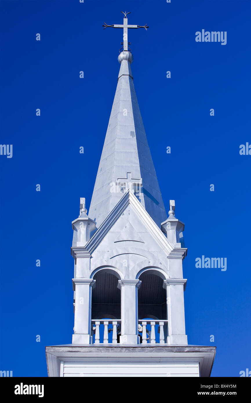 Church steeple of Blessed Margaret French Catholic Church.  St. Malo, Manitoba, Canada. Stock Photo