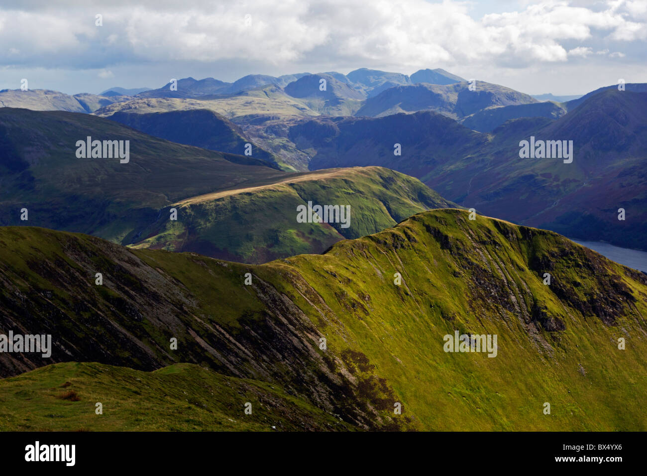 The Lake District skyline from the summit of Grasmoor in the Lake District National Park, Cumbria, England. Stock Photo