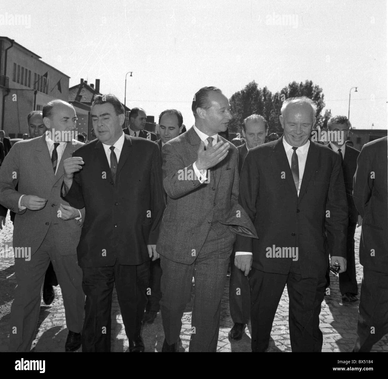 Oldrich Cernik, Leonid Brezhnev, Alexande Dubcek, Nikolai Podgorny, talks, negotitations, Cierna nad Tisou Stock Photo