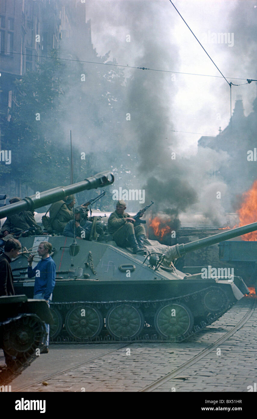 Soviet tank, troops, soldiers, Prague, Stock Photo