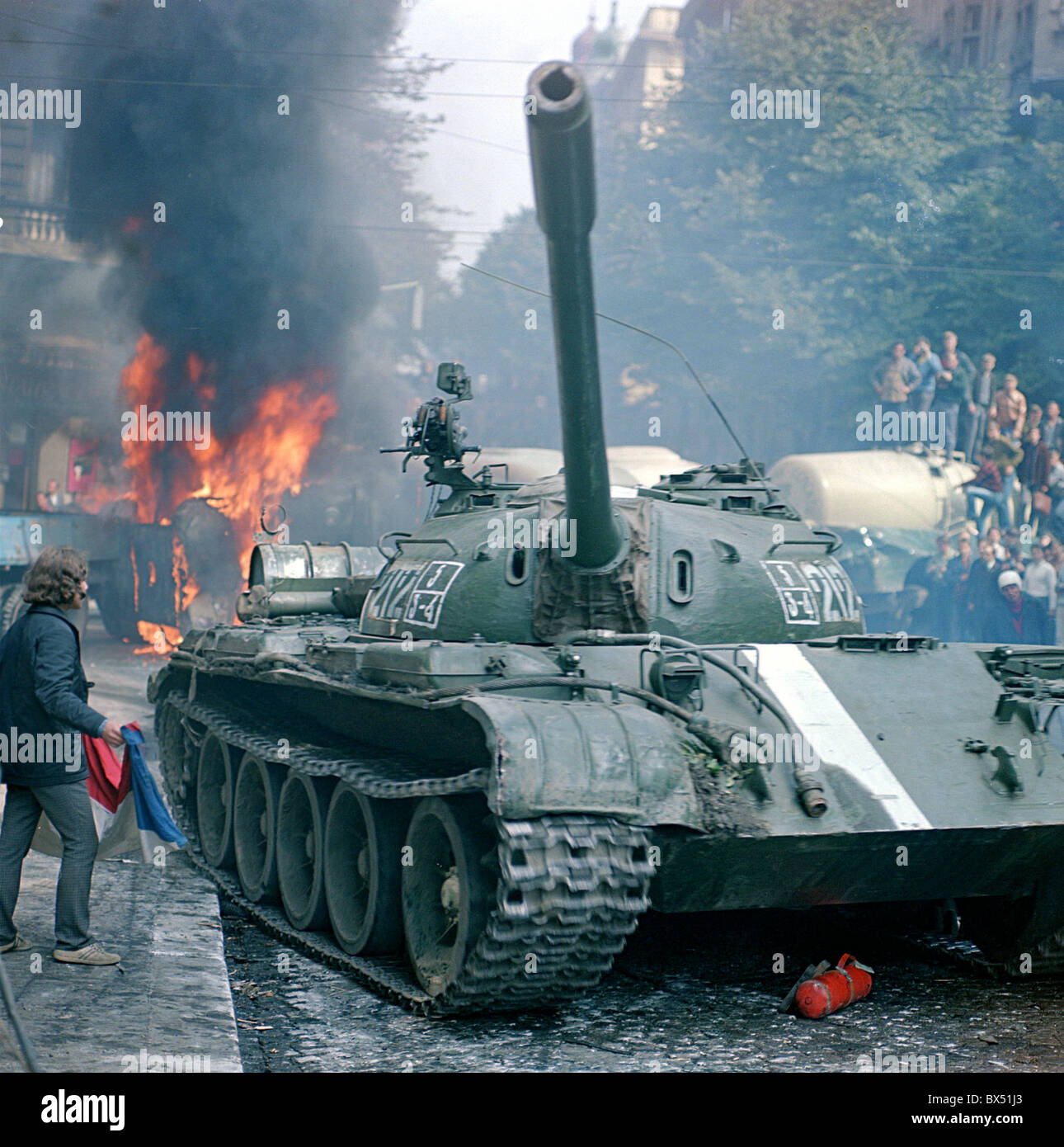 Soviet tank, troops, soldiers, barricade, protest, Prague, Stock Photo