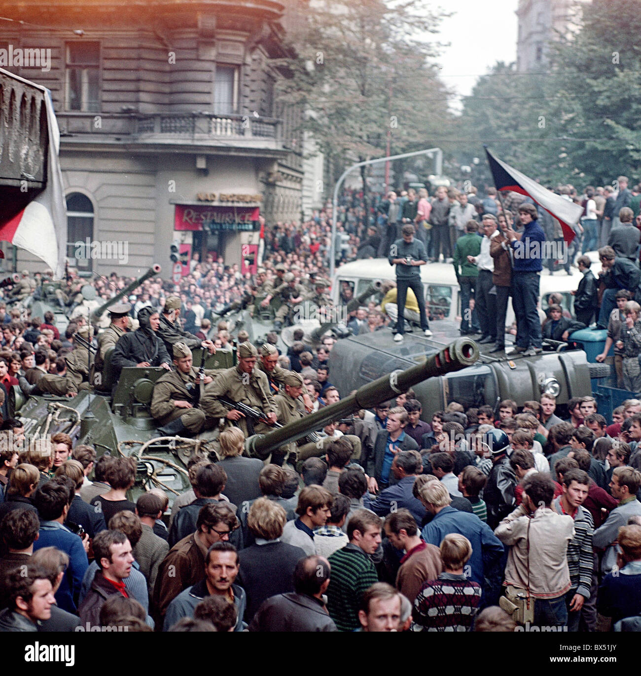 Soviet tanks, protest, Prague, Stock Photo