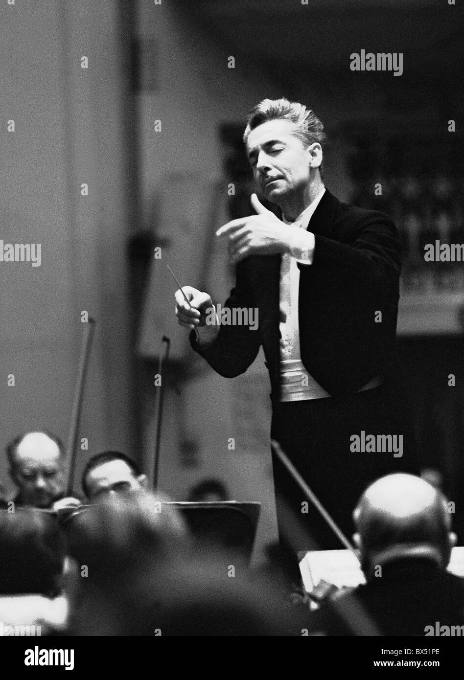 Austrian orchestra conductor Herbert von Karajan conducts in Prague, Czechoslovakia, 1963. (CTK Photo / Jovan Desrt) Stock Photo