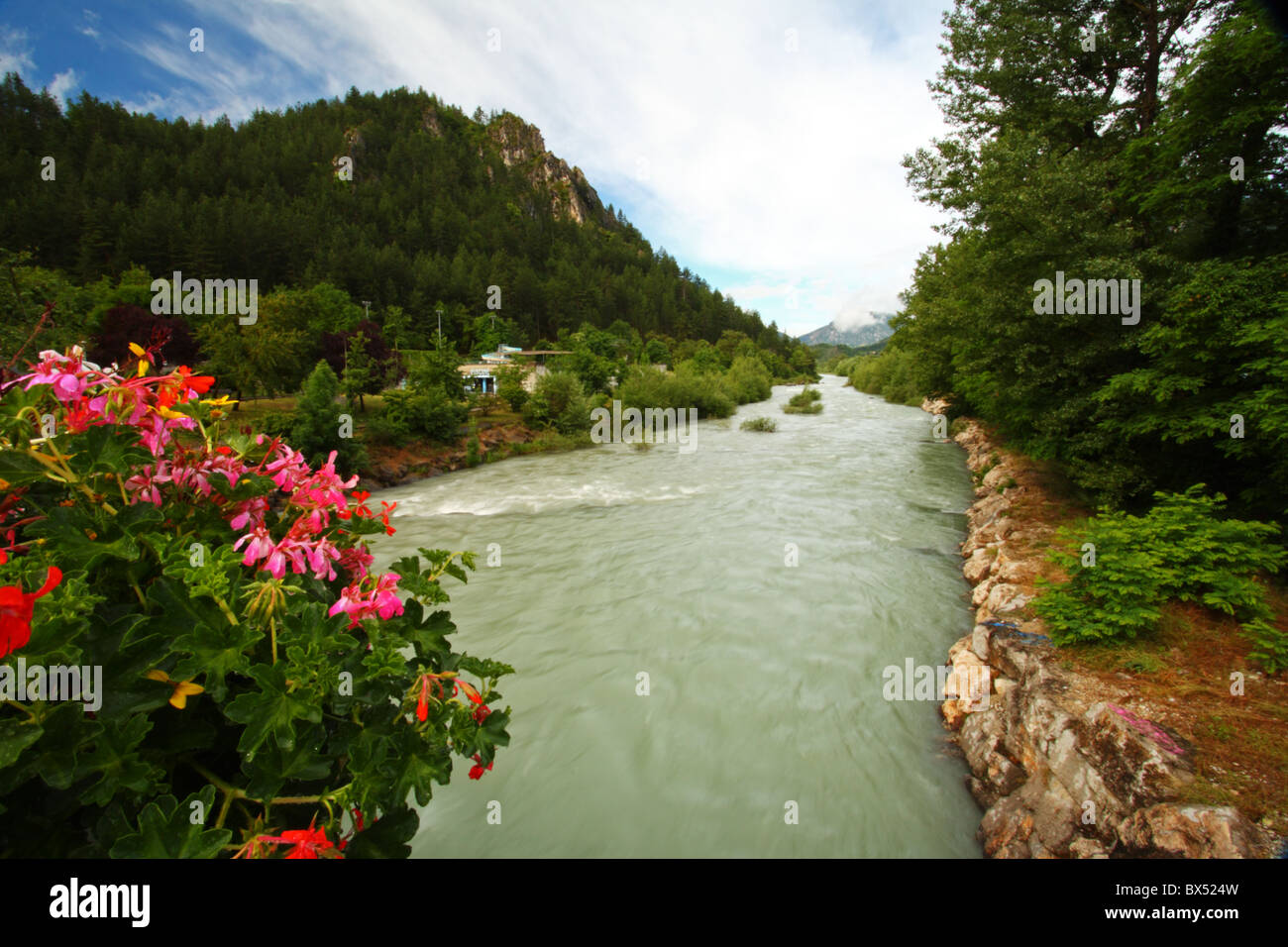Verdon river in flood in the French town of Castellane, Alpes-de-Haute-Provence, France, Europe. Stock Photo